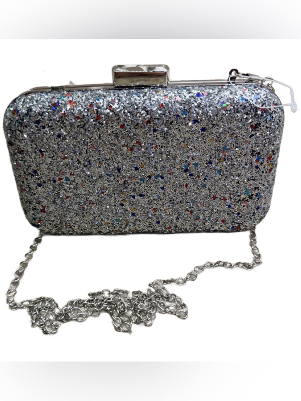 Silver Glitter Evening Clutch with Chain Strap
